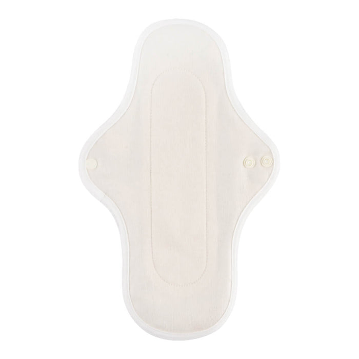 Inside view of a hannahPAD reusable long liner made from certified organic cotton, featuring double snap fasteners and silicone grips to prevent slippage.