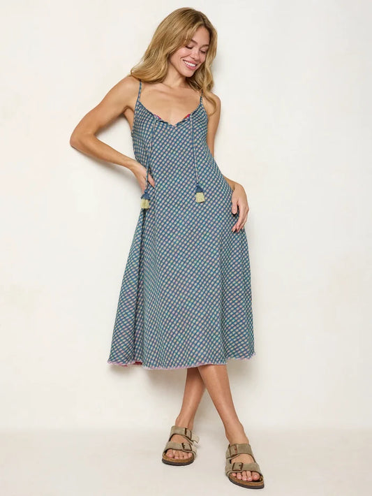 Reversible Cotton Gauze Midi Dress - Blue Ivory Gingham-view 1