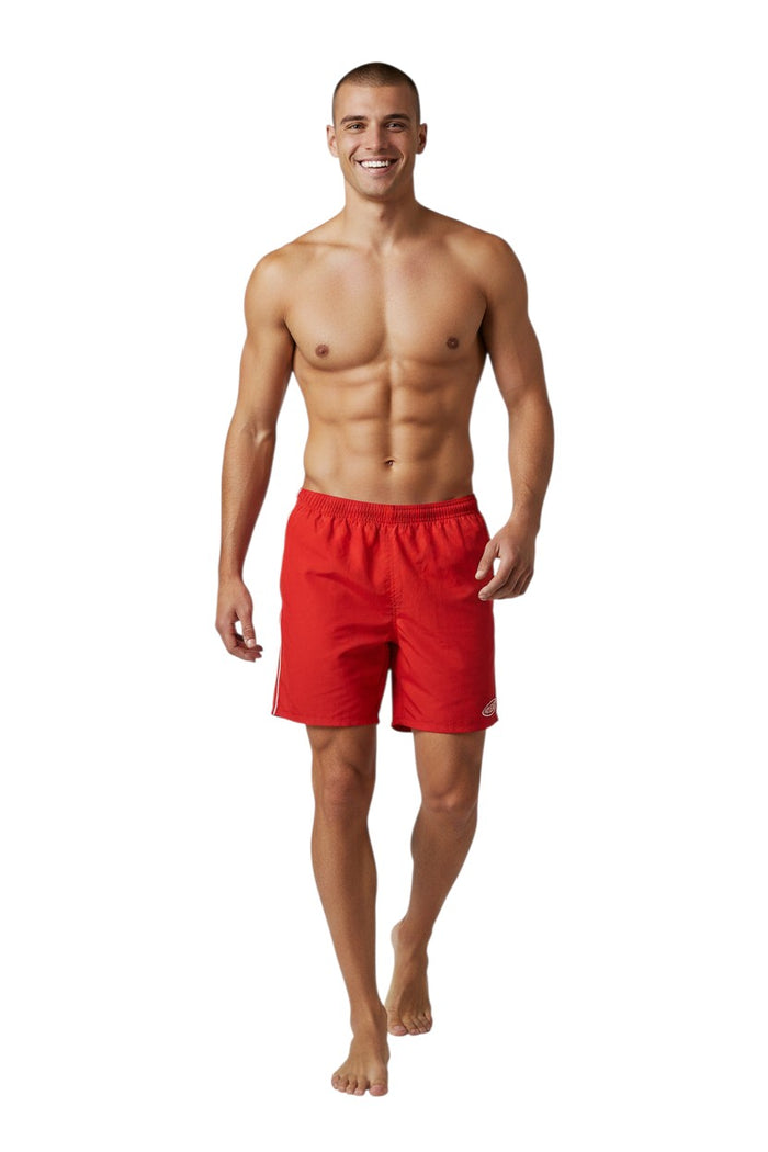 The Lifeguard Store RISE Classic Guard Trunk, red nylon, elastic waistband, side pockets, 5" inseam, GUARD logo.