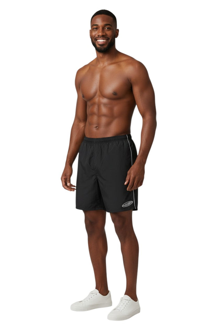 The Lifeguard Store black nylon lifeguard trunks with white piping and Guard logo on left leg. Elastic waistband, 5" inseam.