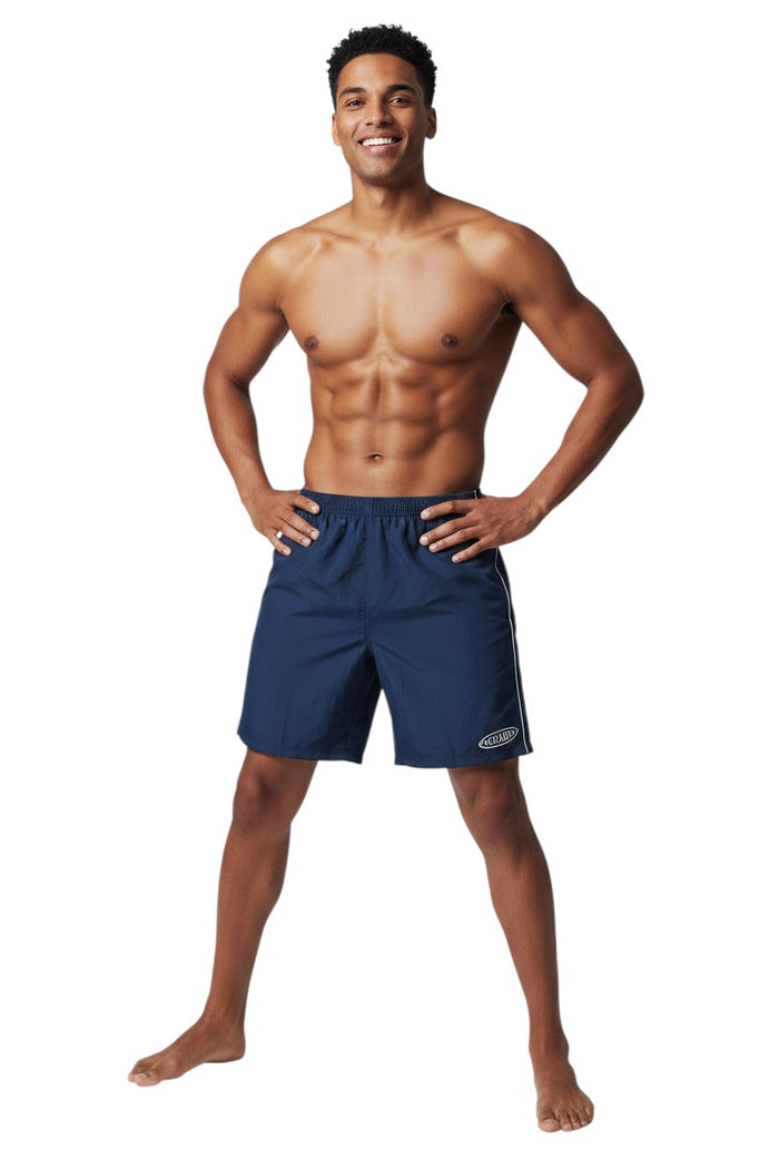 The Lifeguard Store navy blue nylon guard trunk shorts with white side piping and GUARD logo on left leg.