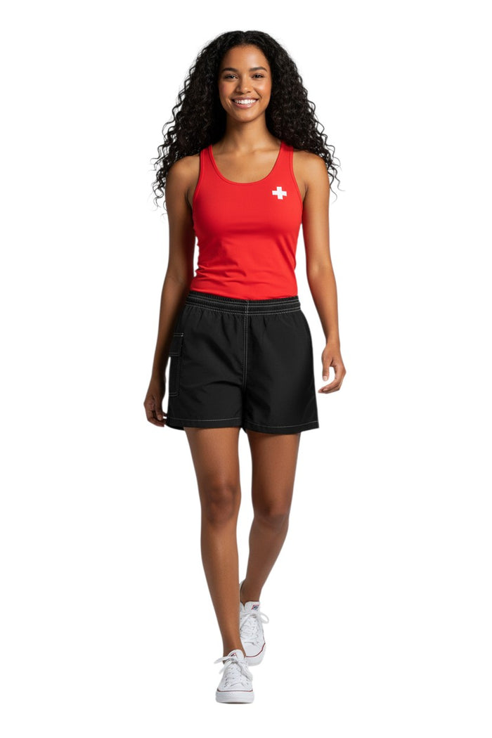 The Lifeguard Store RISE black nylon board shorts with 3" inseam, elastic waistband, drawstring, and side pocket.