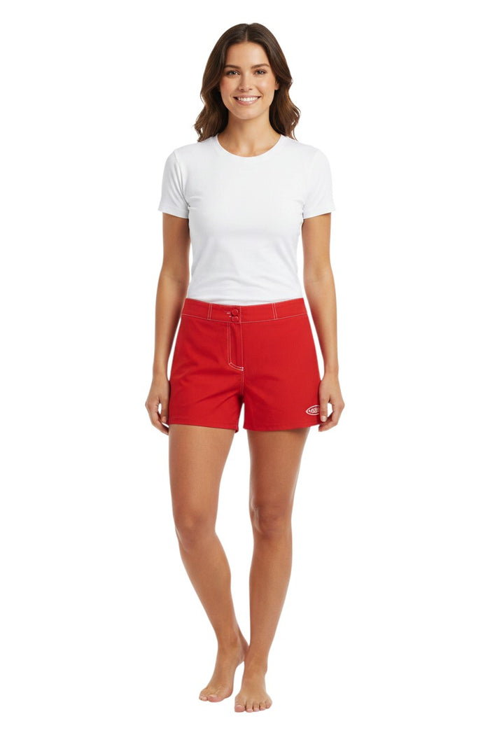 The Lifeguard Store red polyester-spandex Guard Flex shorts for women with drawstring waist and side pocket. Guard logo on left leg.