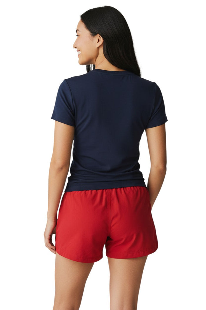 The Lifeguard Store RISE Guard red polyester roll shorts with elastic waistband and drawstring. UPF30+ protection.