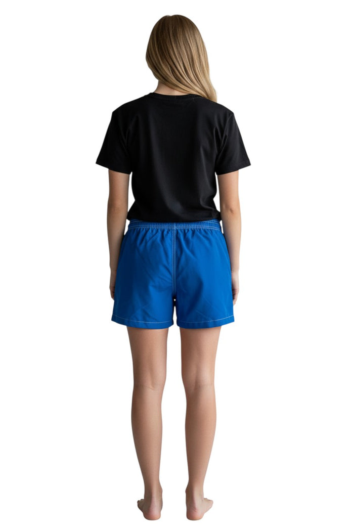 The Lifeguard Store blue polyester-spandex board shorts with drawstring waist, side pocket, and GUARD logo.