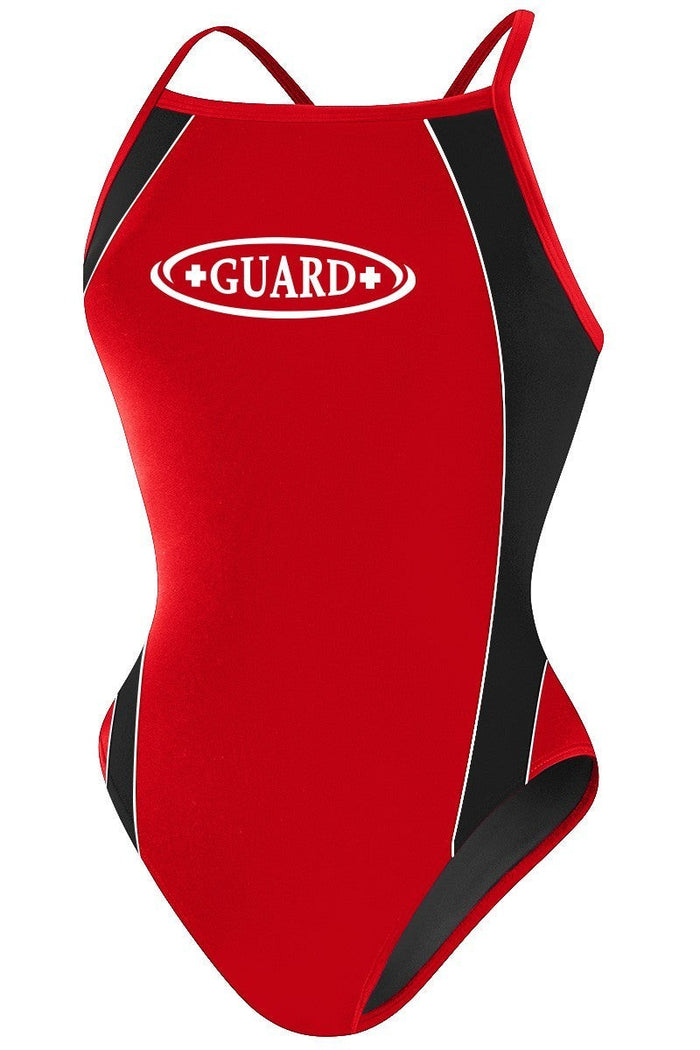 The Lifeguard Store RISE Guard H-Back Poly Splice One Piece Swimwear in red with black side panels and white GUARD logo.