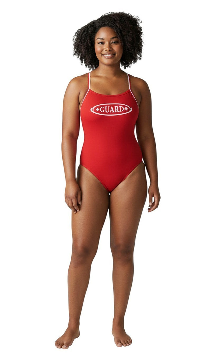 The Lifeguard Store RISE Guard H-Back Reversible red poly-spandex swimsuit with white trim and GUARD logo.