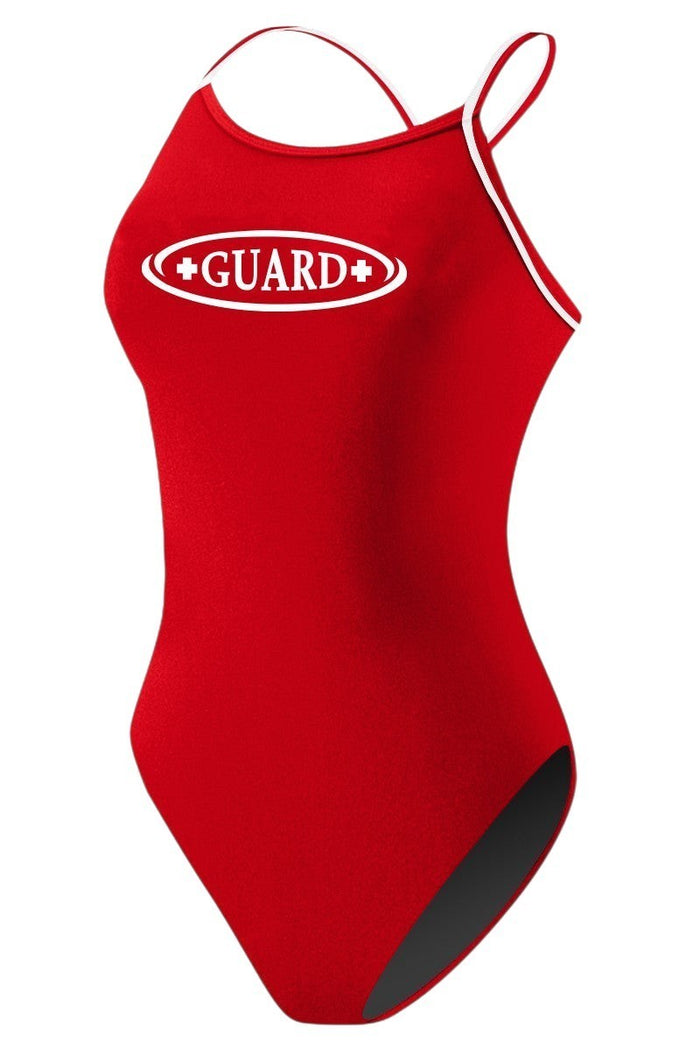 The Lifeguard Store RISE Guard H-Back Reversible One Piece Swimsuit in red with white trim and Guard logo.