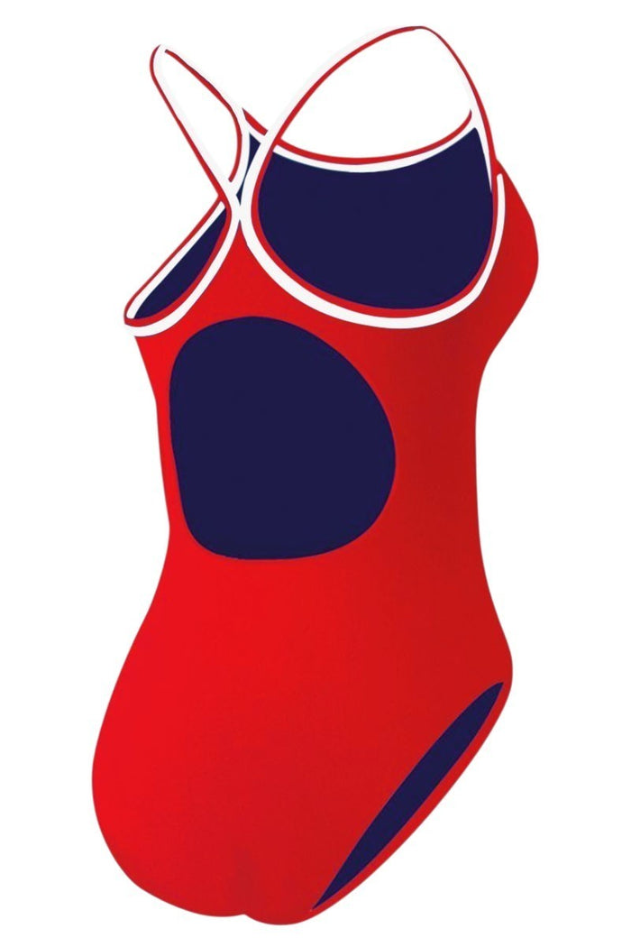 The Lifeguard Store RISE Guard H-Back Reversible One Piece Swimsuit in red and navy with white trim. Features H-back straps and UPF 50+ protection.