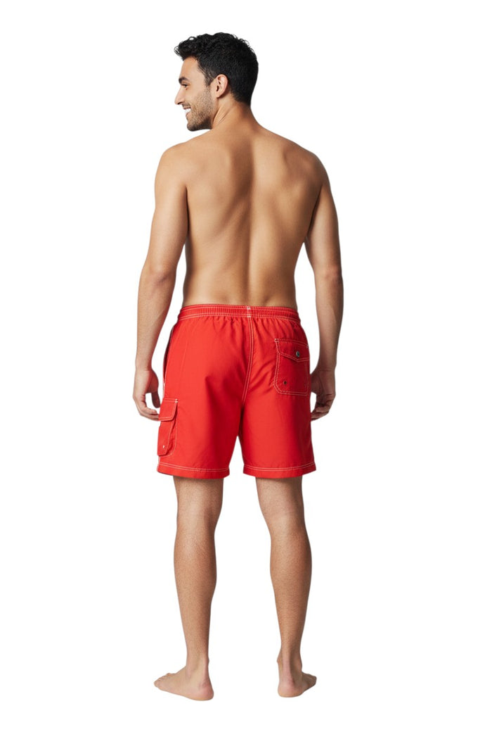 The Lifeguard Store red polyester/spandex boardshorts with white drawstring, contrast stitching, and cargo pocket.