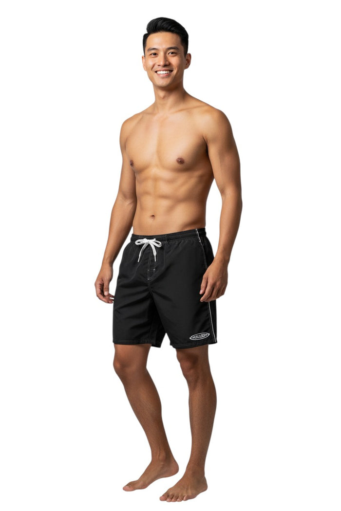 The Lifeguard Store black polyester-spandex boardshorts with white drawstring, contrast stitching, and GUARD logo.