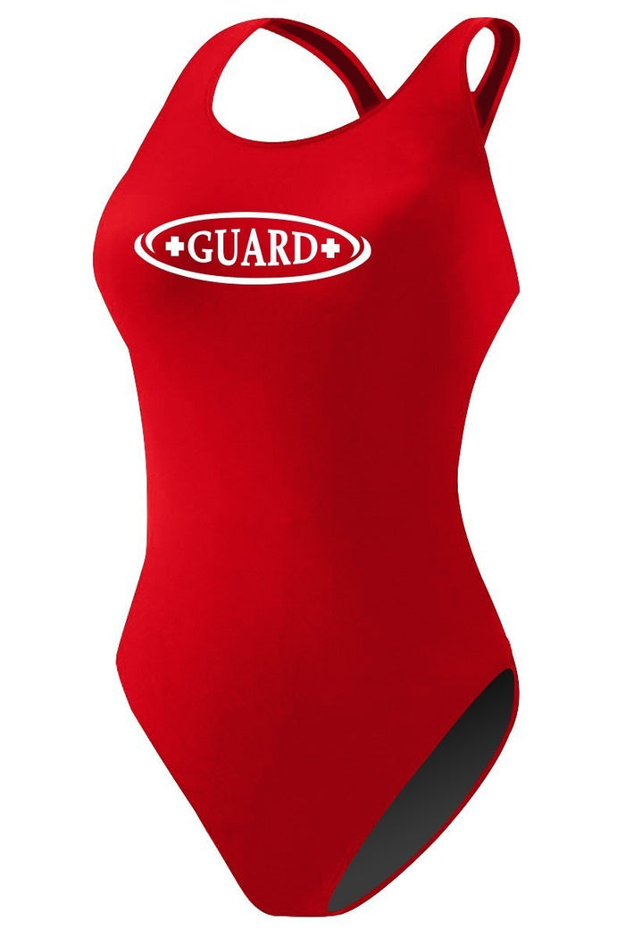 The Lifeguard Store RISE Guard MB Back one-piece swimsuit in red with built-in shelf bra and white GUARD+ logo.