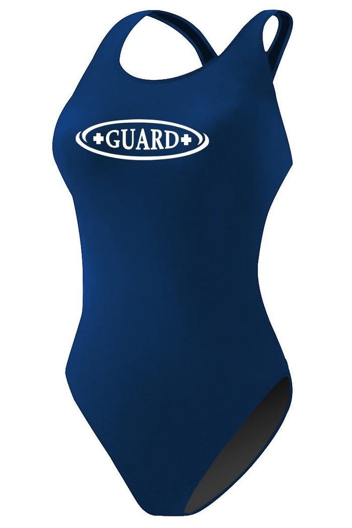 The Lifeguard Store RISE Guard MB Back one-piece swimsuit in navy blue polyester-spandex with built-in shelf bra and white GUARD+ logo.
