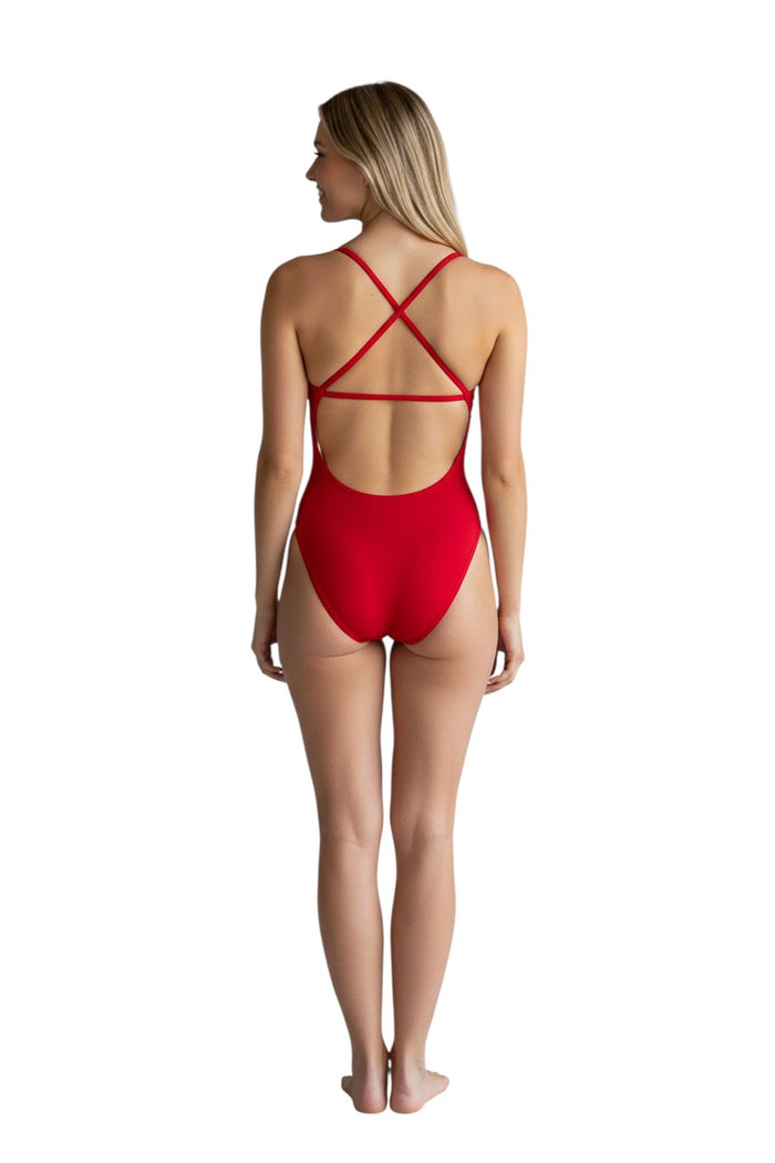 The Lifeguard Store RISE Guard Poly X-Back red swimsuit with X-back straps and high leg cut. Made of polyester and spandex.