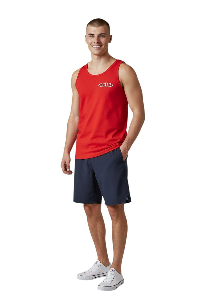 The Lifeguard Store RISE Guard Tank. Red 100% cotton jersey tank top with white oval GUARD logo on chest.