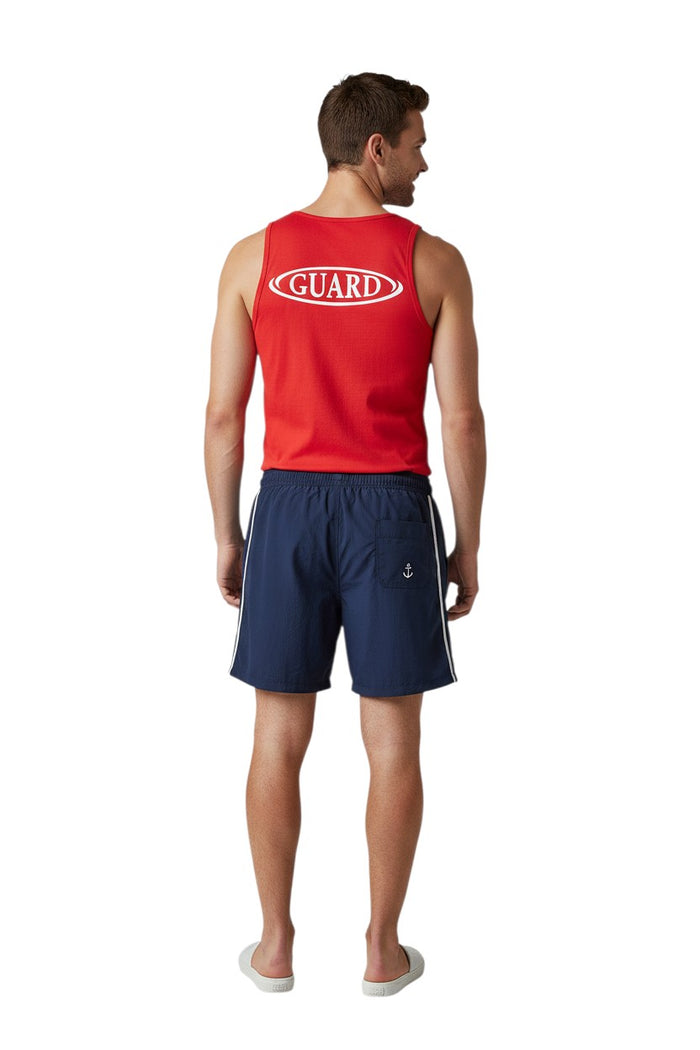 The Lifeguard Store RISE Guard Tank. Red 100% cotton jersey tank top with white oval "GUARD" logo on front and back.