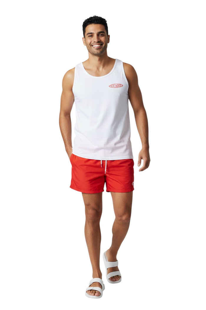 The Lifeguard Store white 100% cotton jersey RISE Guard tank top with red oval logo on chest.