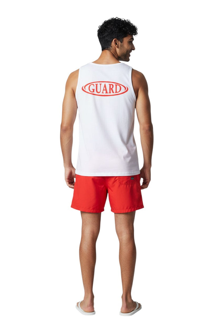 The Lifeguard Store white 100% cotton jersey RISE Guard Tank top with red oval Guard logo on back.