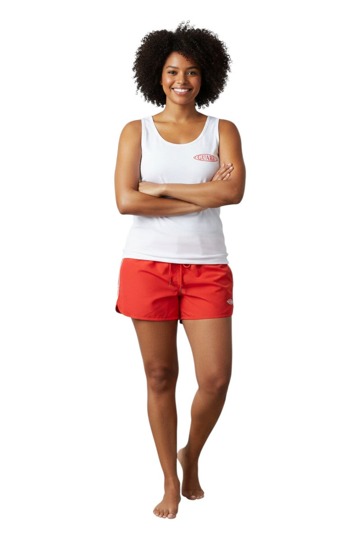 The Lifeguard Store white 100% cotton jersey RISE Guard tank top with red oval logo on chest.