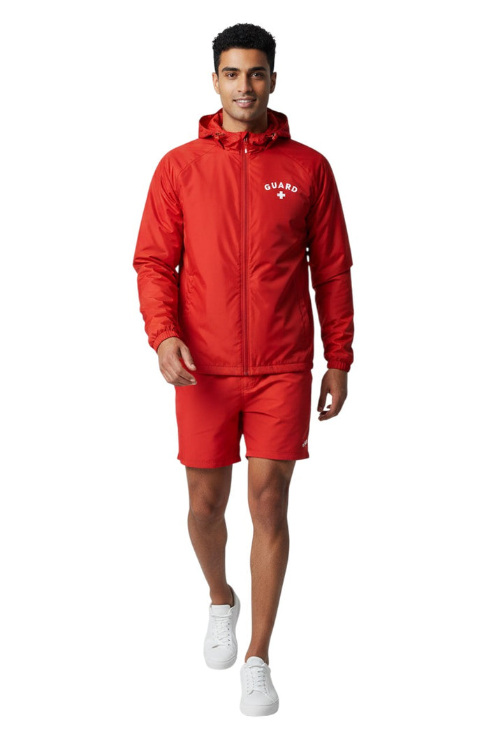The Lifeguard Store RISE Guard red waterproof polyurethane jacket with full zip, adjustable hood, and "GUARD" lettering on chest.