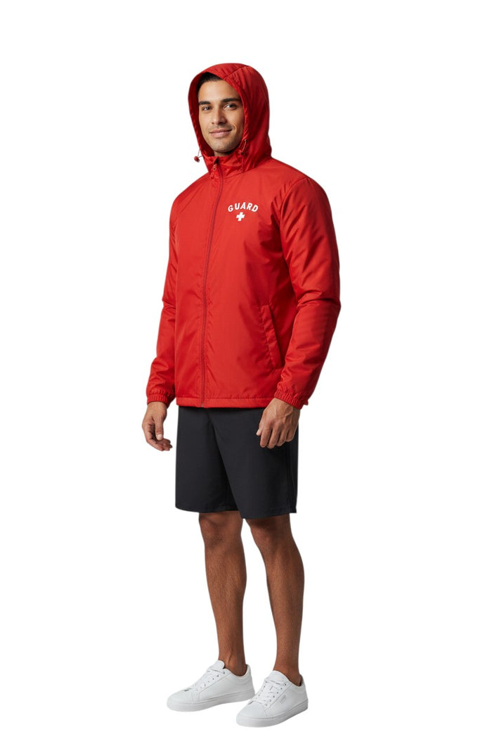 The Lifeguard Store RISE Guard red waterproof polyurethane jacket with full zip, adjustable hood, and "GUARD" lettering.
