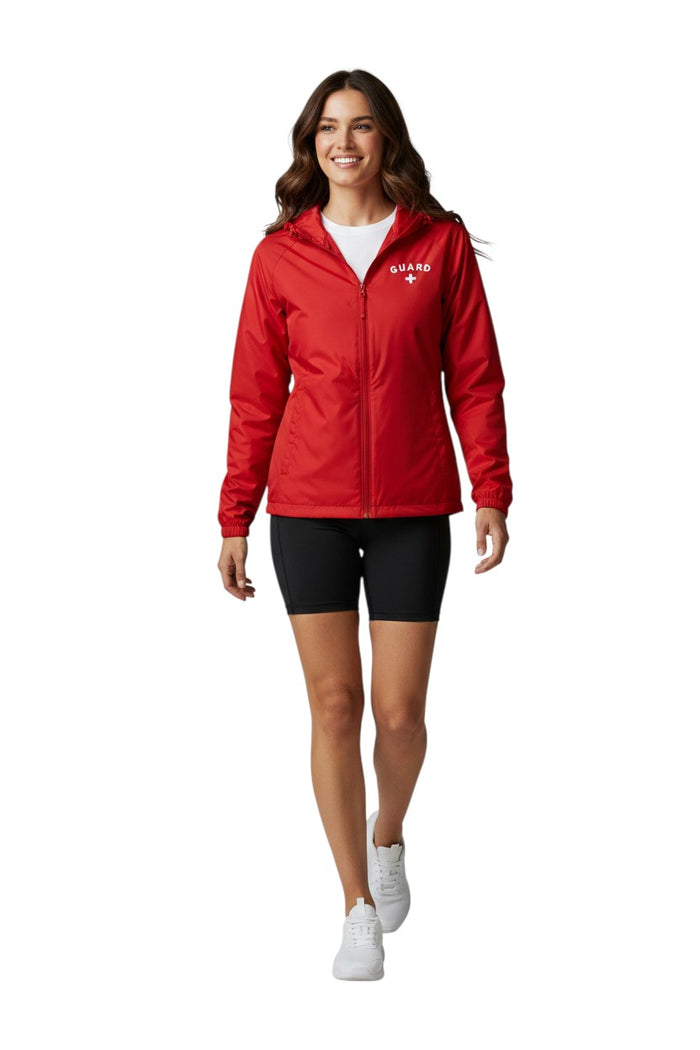 The Lifeguard Store RISE Guard red waterproof polyurethane jacket with full zip, adjustable hood, and "GUARD" lettering.