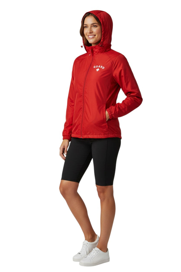 The Lifeguard Store RISE Guard red waterproof polyurethane jacket with full zip, adjustable hood, and "GUARD" lettering with cross emblem.