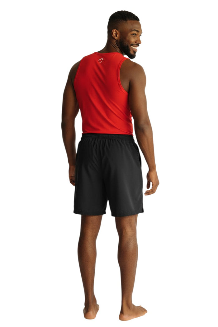 The Lifeguard Store black sanded polyester board shorts with elastic waistband and 7" inseam.