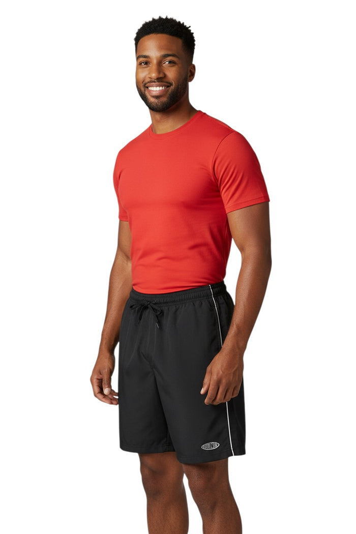 The Lifeguard Store black polyester board shorts with white piping and drawstring waist. Features "INSTRUCTOR" logo.
