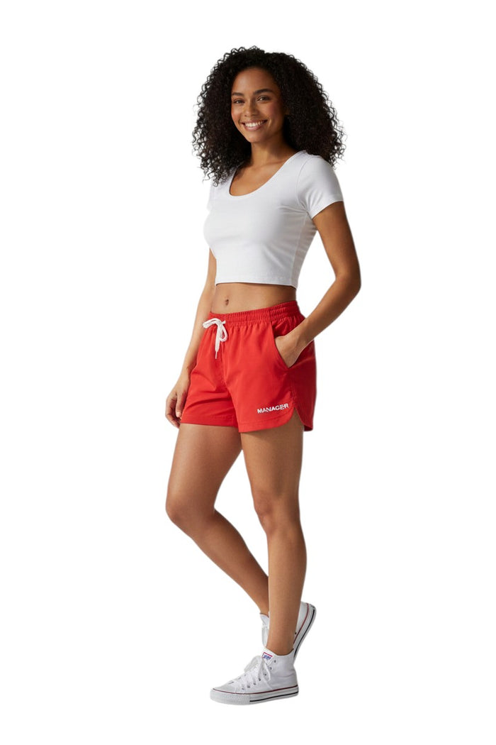The Lifeguard Store Manager red polyester roll shorts with drawstring and pockets, 4" inseam.