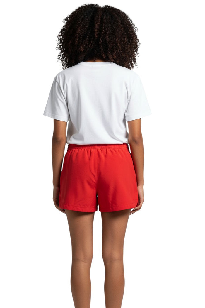 The Lifeguard Store RISE Manager red polyester roll shorts with drawstring and pockets.