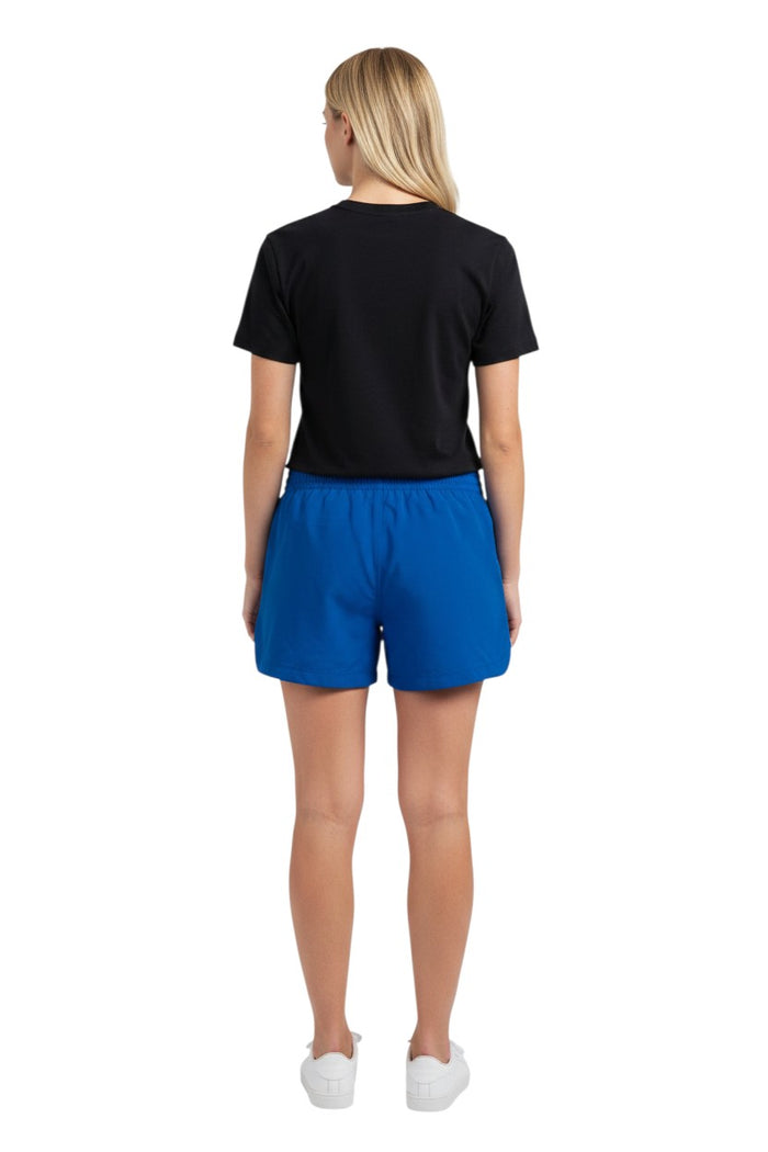 The Lifeguard Store royal blue polyester roll shorts with elastic waistband, drawstring, and "MANAGER" text.