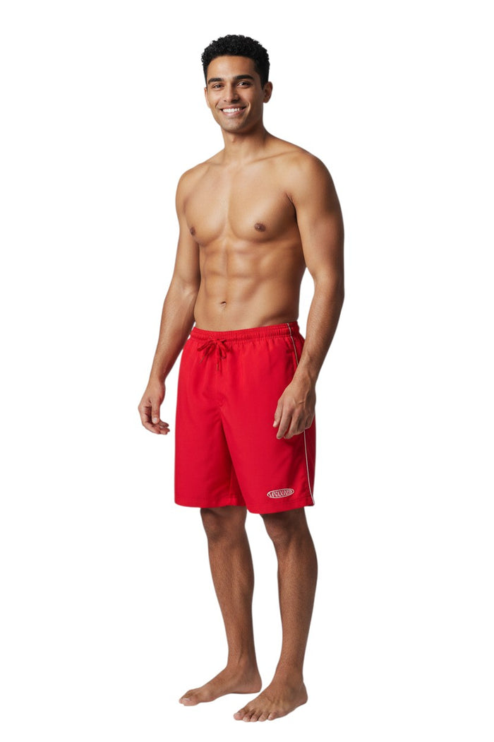 The Lifeguard Store red polyester board shorts with white piping and drawstring waist. Features a 7" inseam.