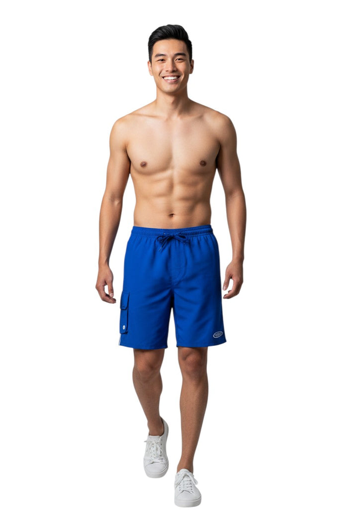 The Lifeguard Store blue polyester board shorts with elastic waistband, drawstring, cargo pocket, and manager logo.