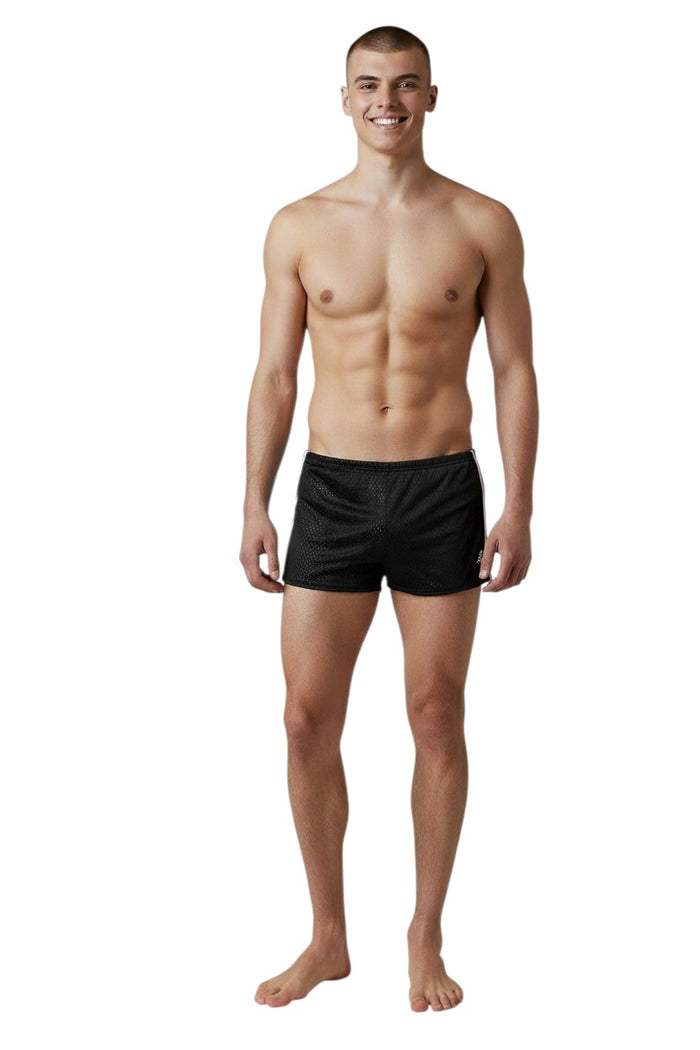 The Lifeguard Store RISE Poly Mesh Trainer shorts in black, designed for swimming resistance. Features white side stripes.