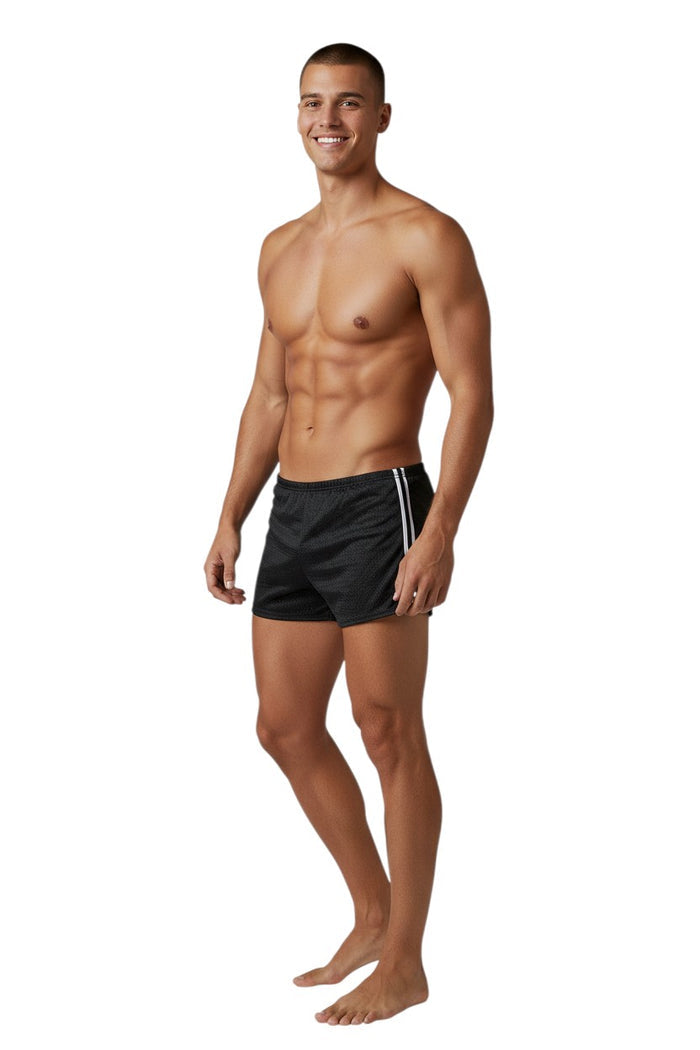 The Lifeguard Store black polyester mesh trainer shorts with white side stripes. Designed for swimming practice to increase drag.