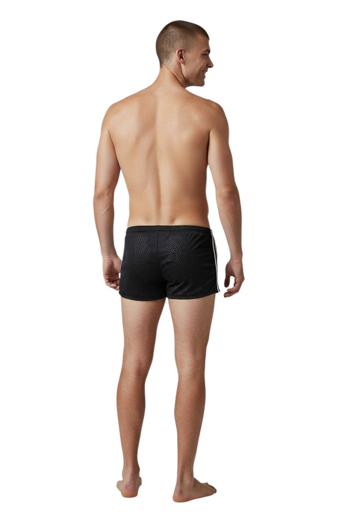The Lifeguard Store black polyester mesh trainer shorts with white side stripes. Designed for swimming practice to increase drag.