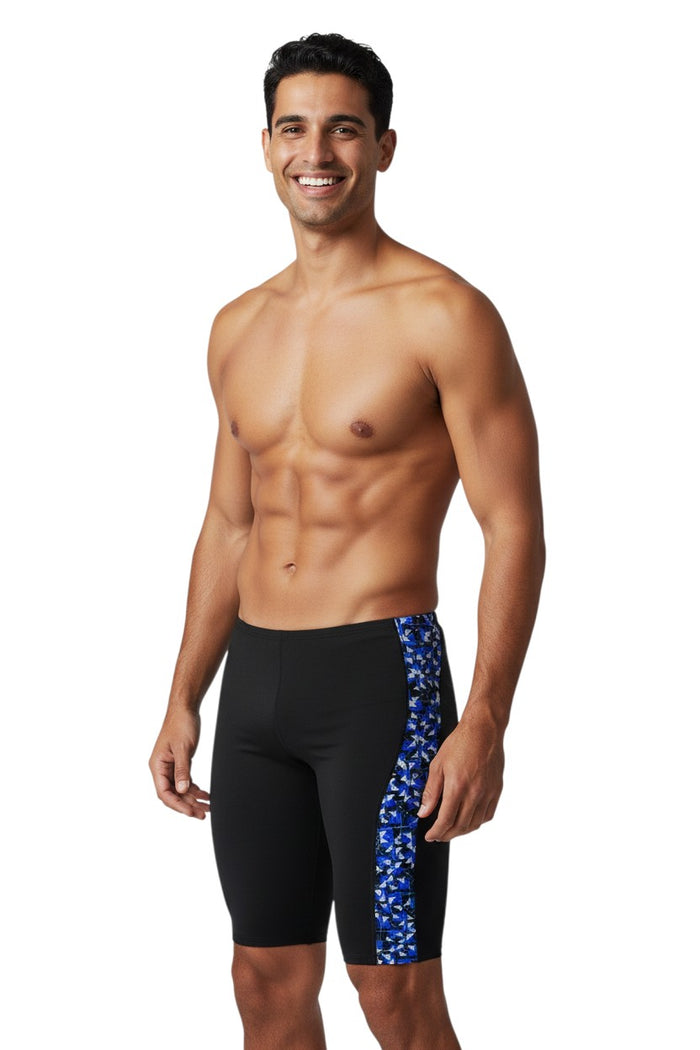 The Lifeguard Store RISE Sandies Blueprint Poly Jammer swimsuit in black with blue geometric side panel. Polyester/Spandex blend.