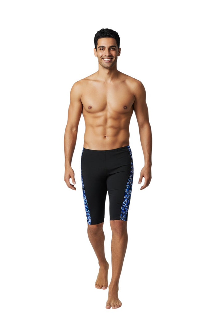 The Lifeguard Store RISE Sandies Blueprint Poly Jammer swimsuit in black with blue geometric side panels. Polyester/Spandex blend.