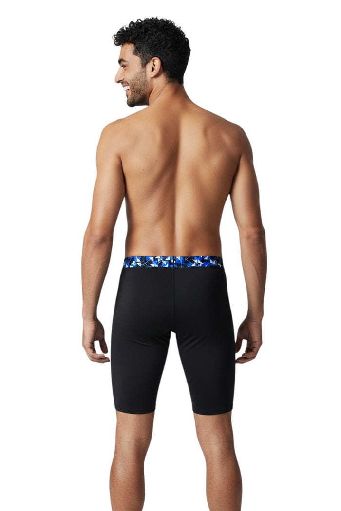 The Lifeguard Store black polyester jammer swimsuit with blue geometric waistband, UPF 50+ protection.