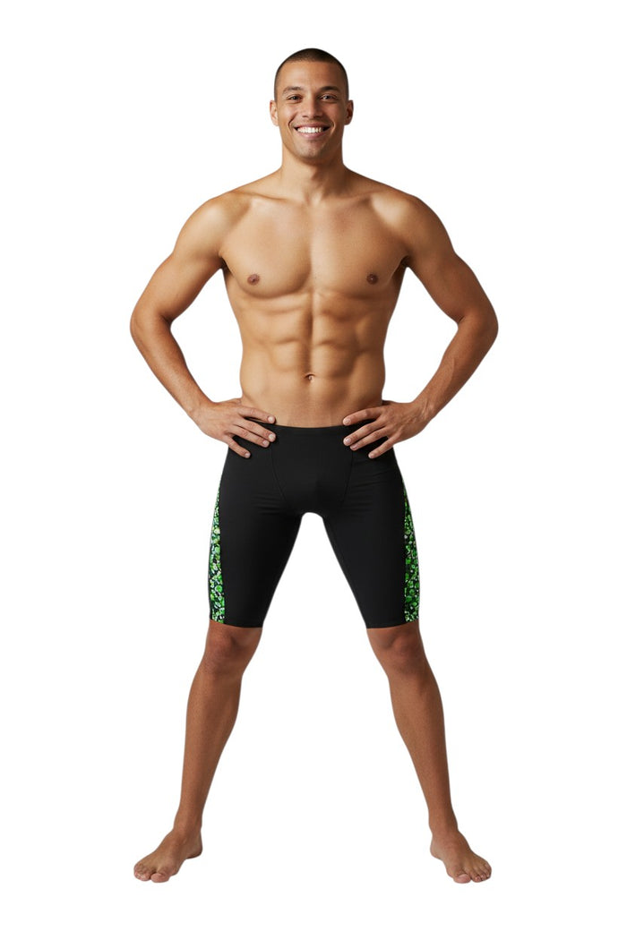 The Lifeguard Store RISE Sandies Blueprint Poly Jammer swimsuit in black with green geometric side panel. Polyester/Spandex blend.