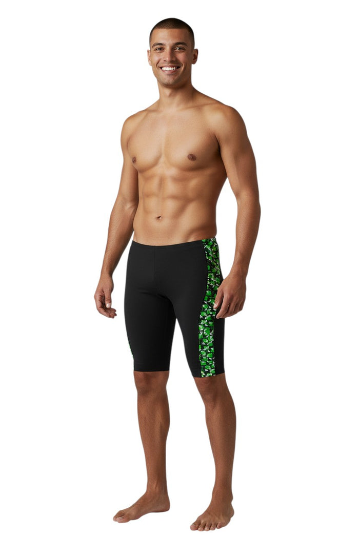 The Lifeguard Store RISE Sandies Blueprint Poly Jammer swimsuit in black with a green geometric pattern on the side. Made of Polyester/Spandex blend.