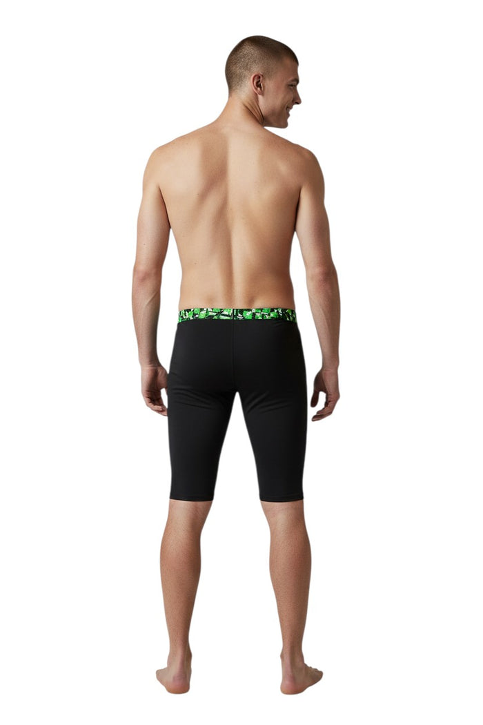 The Lifeguard Store RISE Sandies Blueprint Poly Jammer swimsuit in black with a green geometric waistband. Designed for competitive swimming.