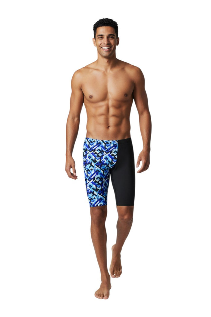 The Lifeguard Store RISE Sandies Breakout Poly Jammer swimsuit with blue geometric pattern and black sides. Made of Polyester/Spandex blend.