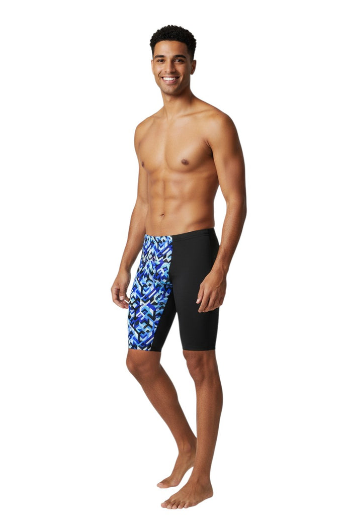 The Lifeguard Store RISE Sandies Breakout Poly Jammer swimsuit with blue geometric pattern and black sides. Made of Polyester/Spandex blend.