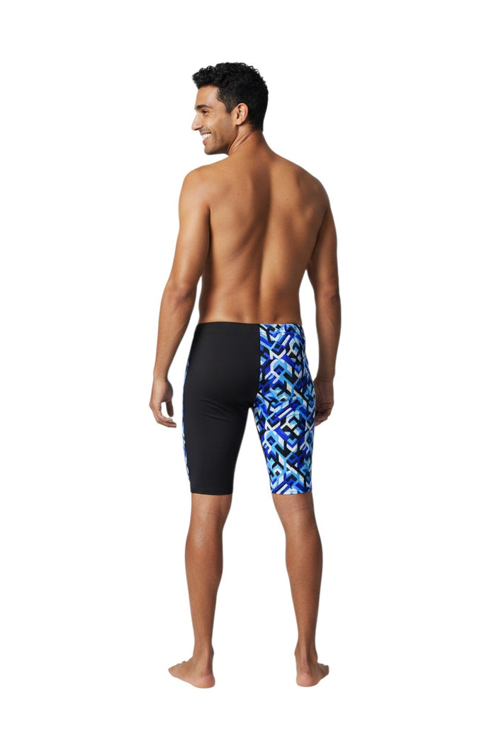 The Lifeguard Store RISE Sandies Breakout Poly Jammer swimsuit in black with a blue geometric pattern on the right leg. Made of polyester/spandex blend.