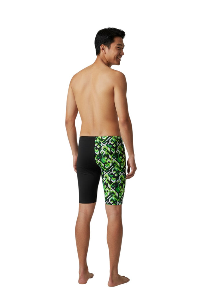 The Lifeguard Store RISE Sandies Breakout Poly Jammer swimsuit with black on the left and a green geometric pattern on the right. Made of Polyester/Spandex.