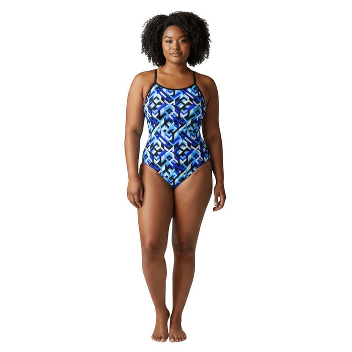 The Lifeguard Store RISE Sandies female breakout swimsuit in blue, black, and white geometric pattern. Polyester/Spandex blend.