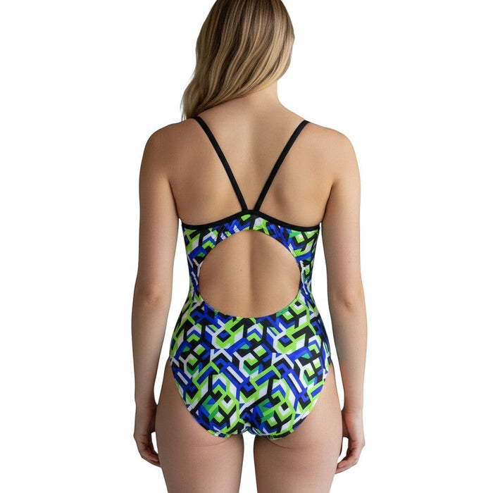 The Lifeguard Store RISE Sandies female breakout swimsuit with geometric blue, green, and black pattern. H-back design.
