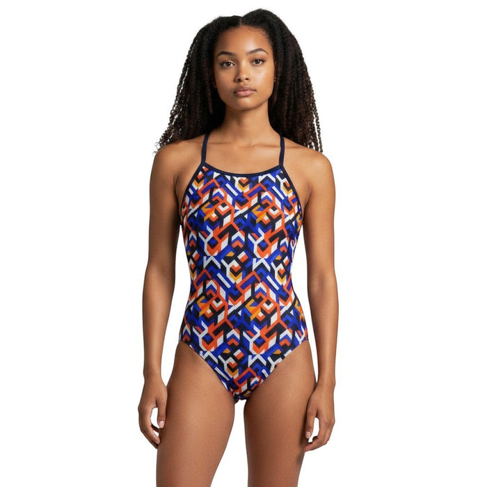The Lifeguard Store RISE Sandies female breakout swimsuit with geometric pattern in blue, orange, white, and black. H-back straps.